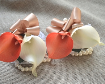 Coral Ivory Calla Lily Corsages Wrist Corsage Wedding Corsage Real Touch Flowers Beige/Tan Ribbons--Choose ribbons colors