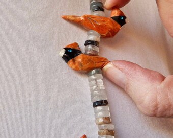 Bird Heishi Necklace, Heishi Beads with Cardinal Birds
