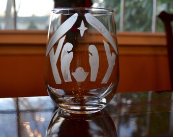 Etched Nativity Scene Stemless Wine Glasses- Set of 2