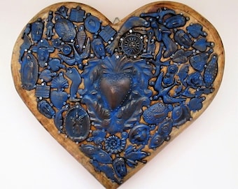 Milagros Heart, Mexican Milagro Charms, Ex Voto, Sacred Heart, 5th Anniversary Gift, Wood Anniversary