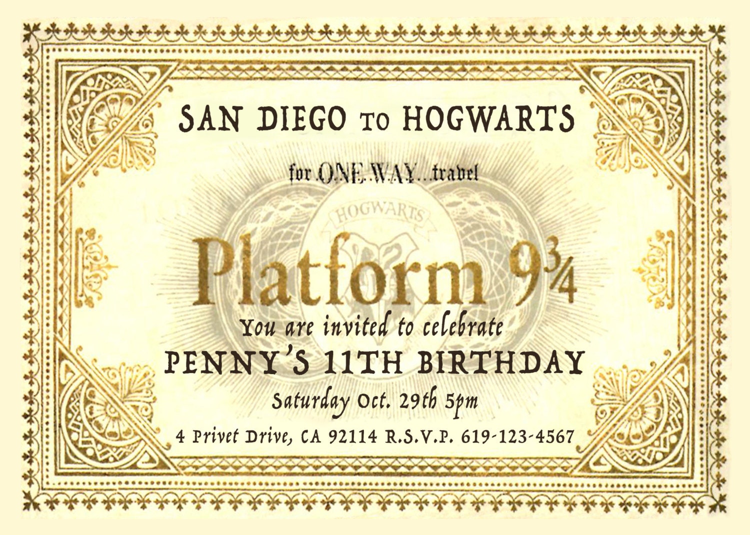 Boleto de la plataforma 9 3/4 de Harry Potter inspirado a
