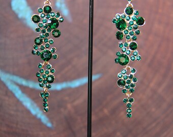 emerald green dangle earrings, rhinestone pageant earrings, red rhinestone earrings, blue prom earrings