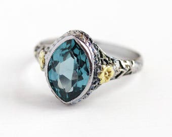 Art Deco Ring - Vintage 10k White & Yellow Gold Created Blue Spinel Statement - Size 5 Antique Filigree 1920s Marquise Flower Fine Jewelry