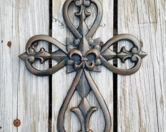 Cross, wall cross, rustic cross, cast iron cross, wall decor, Fleur De Lis, ornate cross, iron wall cross, iron anniversary, cross wall