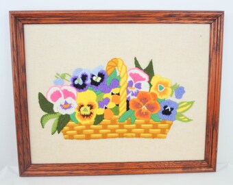 1973 Pauline Denham Embroidery Pansies Basket Framed Complete Decor