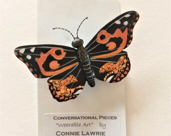 Painted Lady Butterfly Brooch, Hand-painted Pin