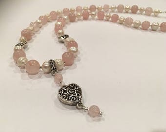 Rose Quartz, Freshwater Pearl and Sterling Silver Heart Necklace