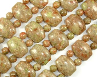 Chinese Unakite Beads, 15x19mm Flat Barrel Double Hole Beads with 6mm Round Beads, 14 Inch, Full strand, Hole 1.5mm, A quality (195078001)