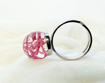 Sterling silver 925 Red Pink Reindeer Resin adjustable ring, real moss globe, real lichen, Sphere ball ring, Botanical Jewelry
