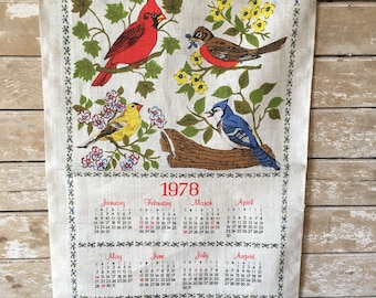 Vintage 1978 Linen Calendar Wall Hanging Birds