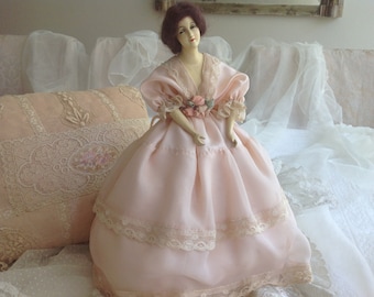 Beautiful antique boudoir half doll pink ribbonwork bed headboard lamp shade
