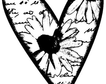 EZ Mounted Rubber Stamp Heart with Flower and Background Writing Altered Art Craft Scrapbooking Cardmaking Collage Supply.
