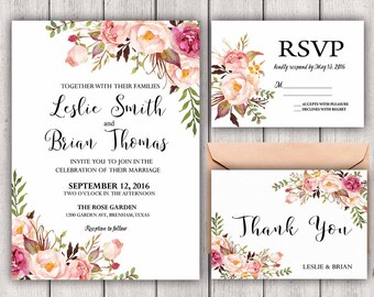 Floral Wedding Invitation Printable Boho Chic Wedding Invitation Suite Rustic DIY Bohemian Wedding Invite Wedding Invitational Printable