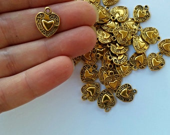 Dark Gold Tibetan Heart Charm// Antique Gold Heart Pendant// 15x12.5 mm// 20 Pieces