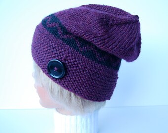 Knit plum hat, purple hat with button, wool hat knit, hand knit purple beanie, chevron striped hat, purple knit hat, button brim hat
