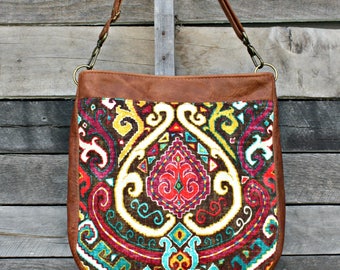 Crossbody Bag, Boho Fabric, Genuine Leather, Everyday Purse, Shoulder Bag, Adjustable Strap