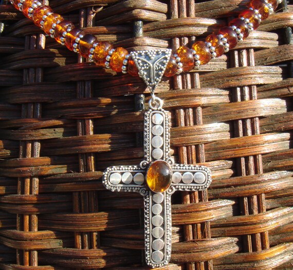 Amber Necklace Amber Cross Necklace Amber Pendant Silver