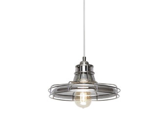 Bright Satin Nickel and Smokey Glass Single Light Industrial Pendant