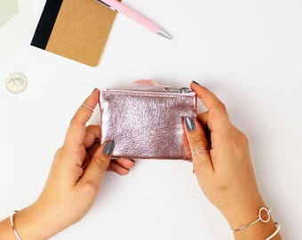 Rose Gold Leather Coin Pouch // Leather coin purse, Coin holder, Leather purse, Change pouch, Pouch, Small change purse, Leather coin wallet