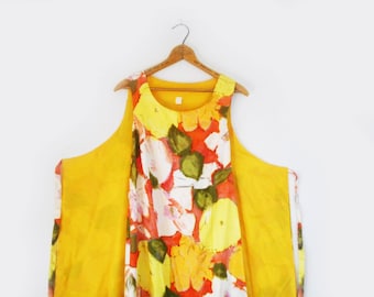 Vintage Walkaway Wrap Dress 1960s Sleeveless Maxi Dress Large Floral Hawaiian Acetate Summer Evening Dress Size Medium Yellow Orange White