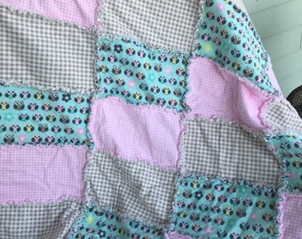Owls and gingham flannel baby rag blanket