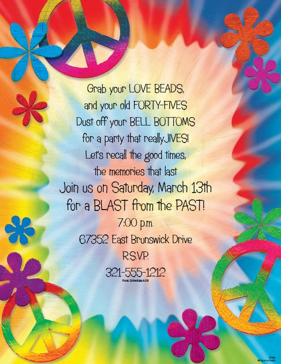 tie dye amp peace signs invitation 60 s party 70 s tie dye happy birthday