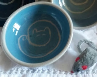 Pottery Cat Bowls, Ceramic Dipping Bowls with Cat Design, Stoneware Condiment Dishes, Wheel Thrown Ice Cream Bowls in Red, Blue and Teal