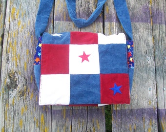 Red White Blue Patchwork Recycled Corduroy Purse Ready to Ship Patriotic