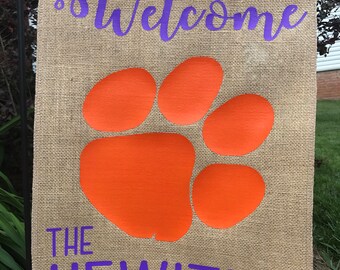 Personalized Clemson Garden Flag, Burlap Garden Flag, Welcome Flag, Clemson Tigers Flag