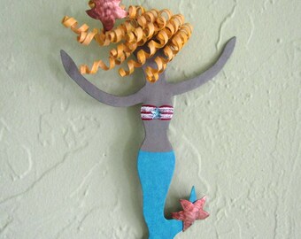 Metal Wall Art Mermaid Recycled Metal Bathroom Nursery Wall Decor Beach House Coastal Turquoise Blonde 6 x 9