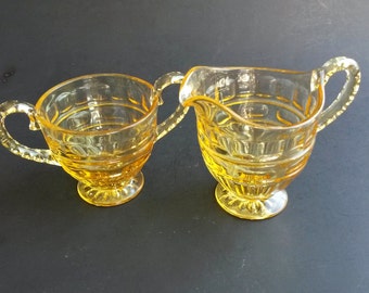 Vintage yellow glass sugar and creamer amber glass creamer and sugar set