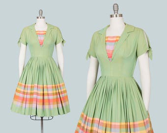 Vintage 1950s Dress | 50s Striped Checkered Border Print Cotton Green Rainbow Full Skirt Day Dress (small)