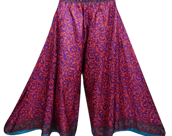 Red Purple Vintage Upcycled Silk Sari Smocked High Waist Divided Long Skirt Flare Wide Leg Pant Maxi Skirt S/M