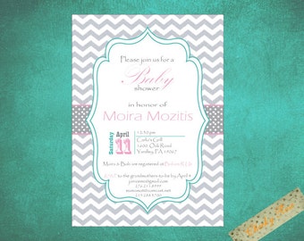 Gray Chevron Baby/Bridal Shower Invitation Girl/Boy/Neutral