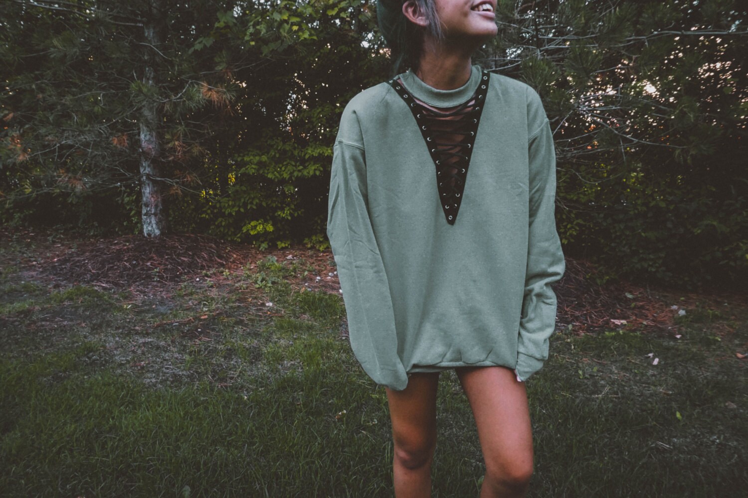 green lace up hoodie