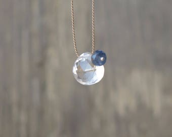 Clear quartz necklace. Crystal rock necklace. Clear quartz and kyanite minimalist necklace. April birthstone.