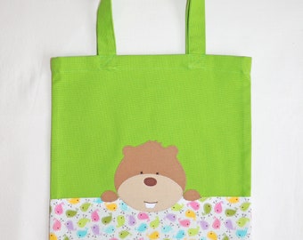 Bag tote bag, woodchuck, green cotton, kid bag