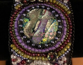 Karen - Bead embroidery cuff with dichroic glass