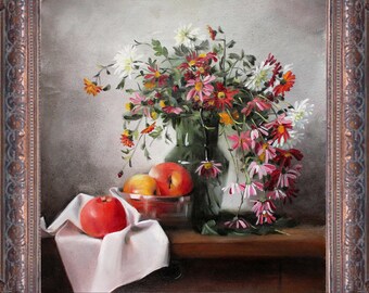 Still life, oil painting, Chrysanthemums, apples, Wall decor, flowers painting, Gift for mum, original Realistic art, Home decor, floral