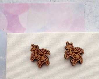 Wooden Unicorn Geometric Stud Earrings