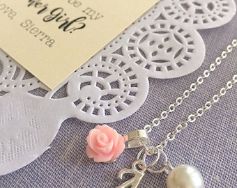 Flower Girl jewelry, script initial, flower girl necklace, rose necklace, rose jewelry, initial, personalized, FREE card and organza bag.