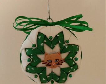 Green & White folded fabric handmade ornament with tan cat decoration