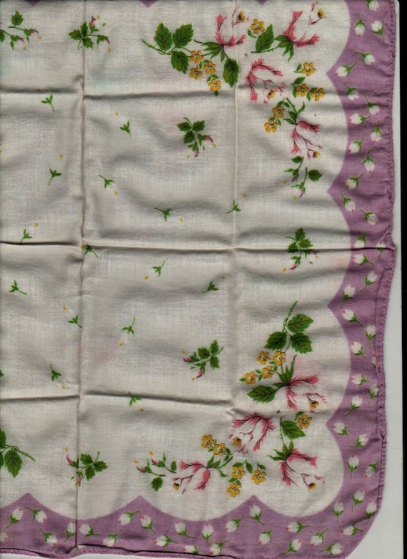 Pink and White Roses with Purple Border Handkerchief + Vintage Linens