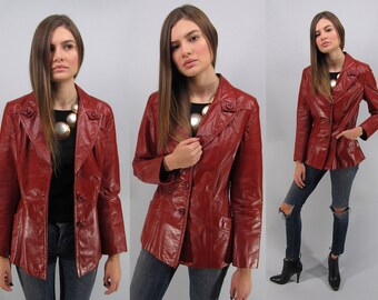 Vintage 70s Leather Jacket, Boho Leather Jacket, Red Leather Jacket, Boho Chic, Hippie Δ size: sm / md