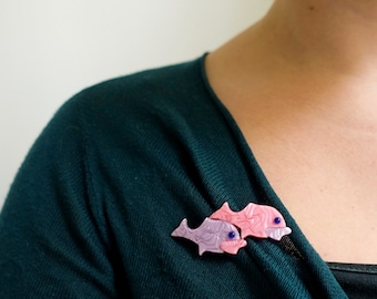 Lea Stein Brooch - Fish Brooch - Purple Pink - Double Fish Pin - Lea Stein Paris