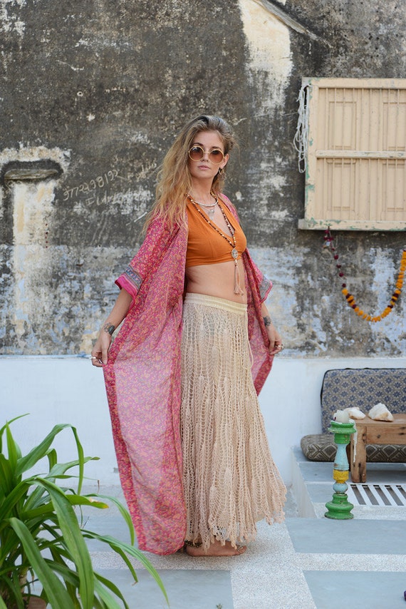 SUNSET ROSE KIMONO - Full length Kaftan - Beach Cover Up - Summer - Wedding - Peasant dress - Vintage dress - Festival Fashion - Folk