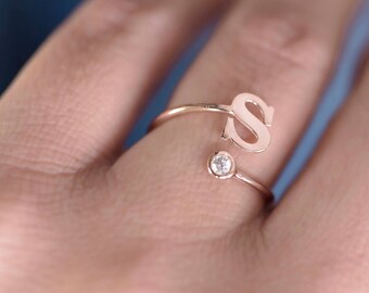Gold Initial Ring | Initial Ring | Letter Ring | Diamond Initial Ring | Personalized Ring | Personalized Bridesmaid Gift | Birthstone Ring