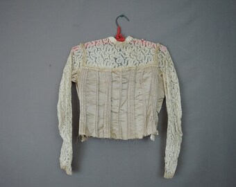 Victorian Bodice Vintage Blouse, Tan Silk and Lace, As Is 1800s Antique Clothing, 32 bust