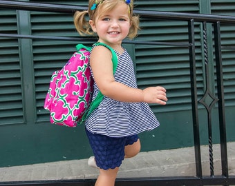 Personalized Mini Toddler Backpack - Tiny Baby Bag - Embroidered with Name or Initials - Pink and Green Quatrefoil with Green Straps