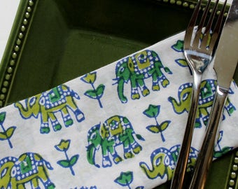 Elephant napkins SET OF 4 green elephants block print spring table setting - hostess gifts - boho and rustic cloth napkins